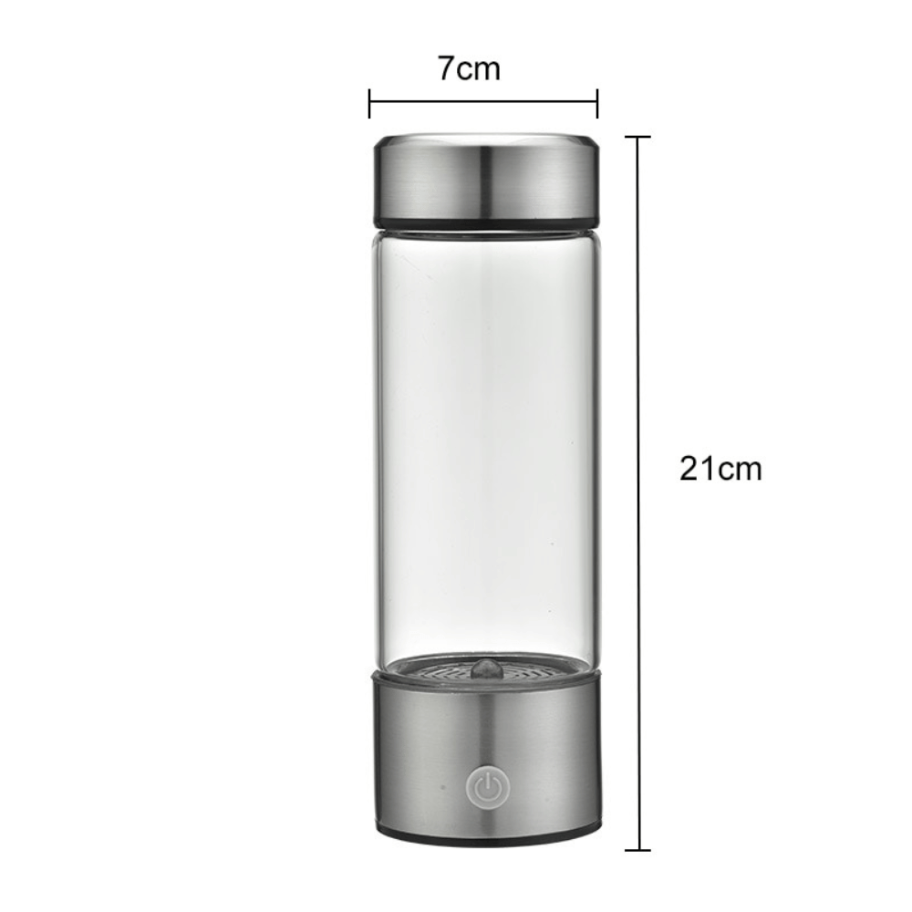 Glass water bottle with metal cap and base, showing dimensions on a white background