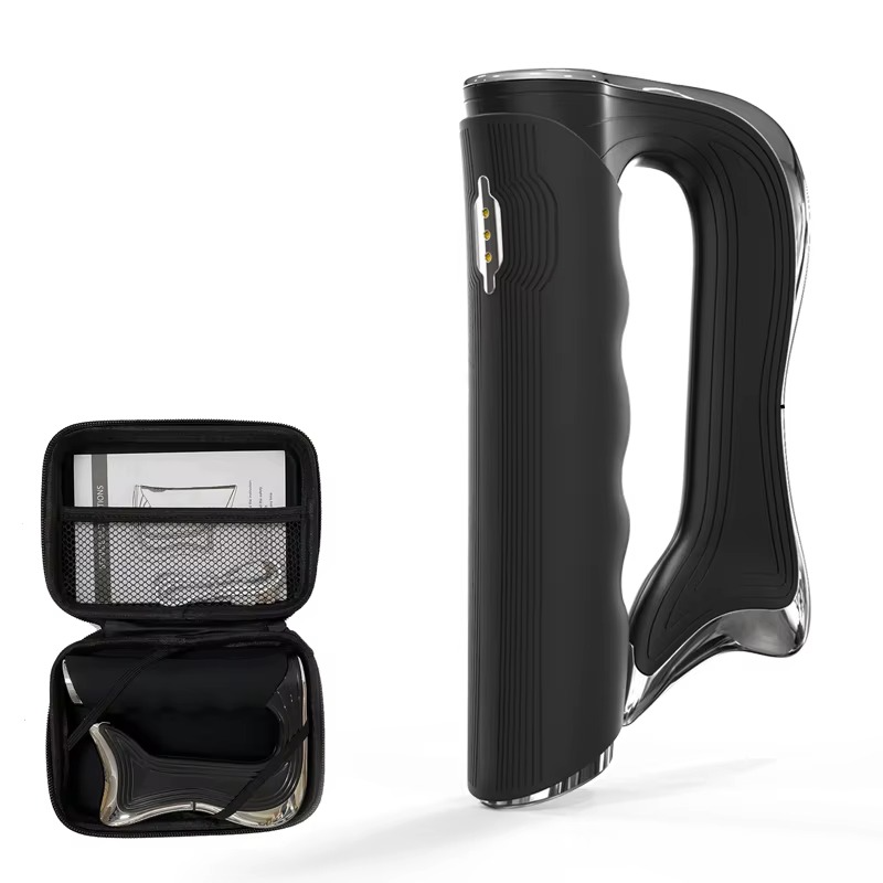 Black handheld device with a carrying case on a white background