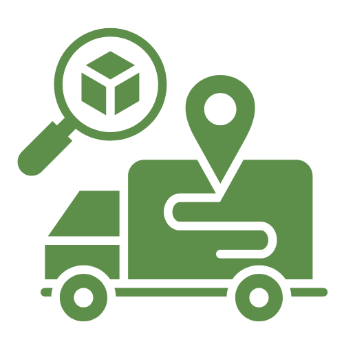 Green icon of a truck, magnifying glass, and map marker on a green background