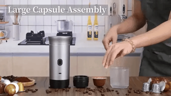 Portable espresso machine brewing coffee with capsules, compact electric coffee maker for home and travel use