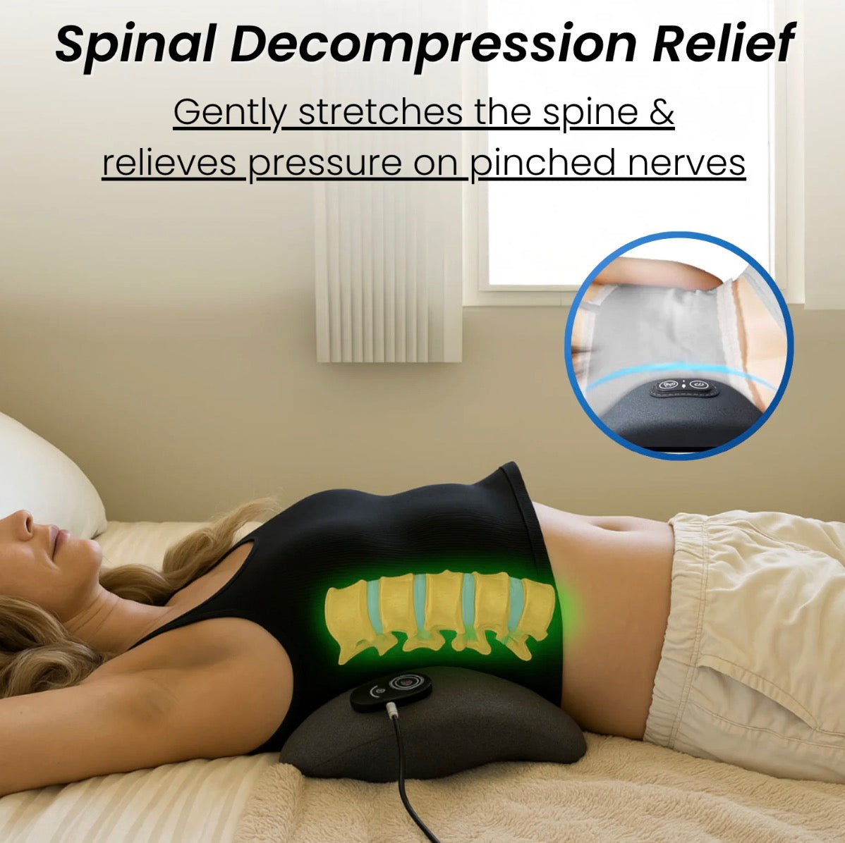 Person using a spinal decompression device with text highlighting its benefits.