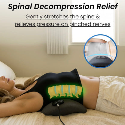 Person using a spinal decompression device with text highlighting its benefits.