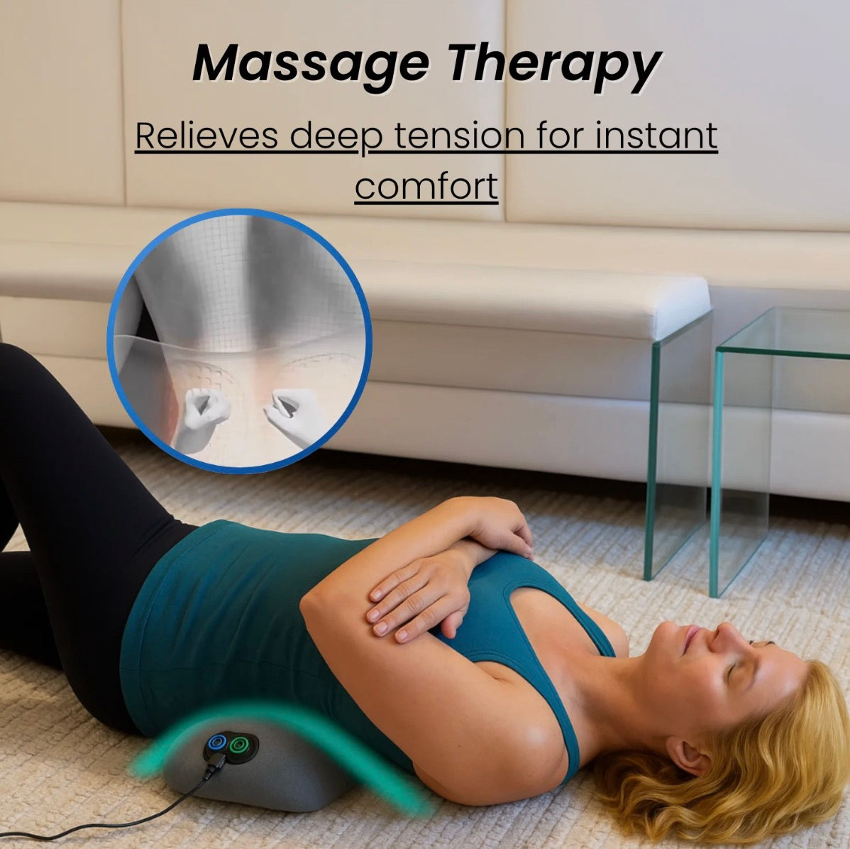 Woman receiving massage therapy on a mat with text about its benefits.