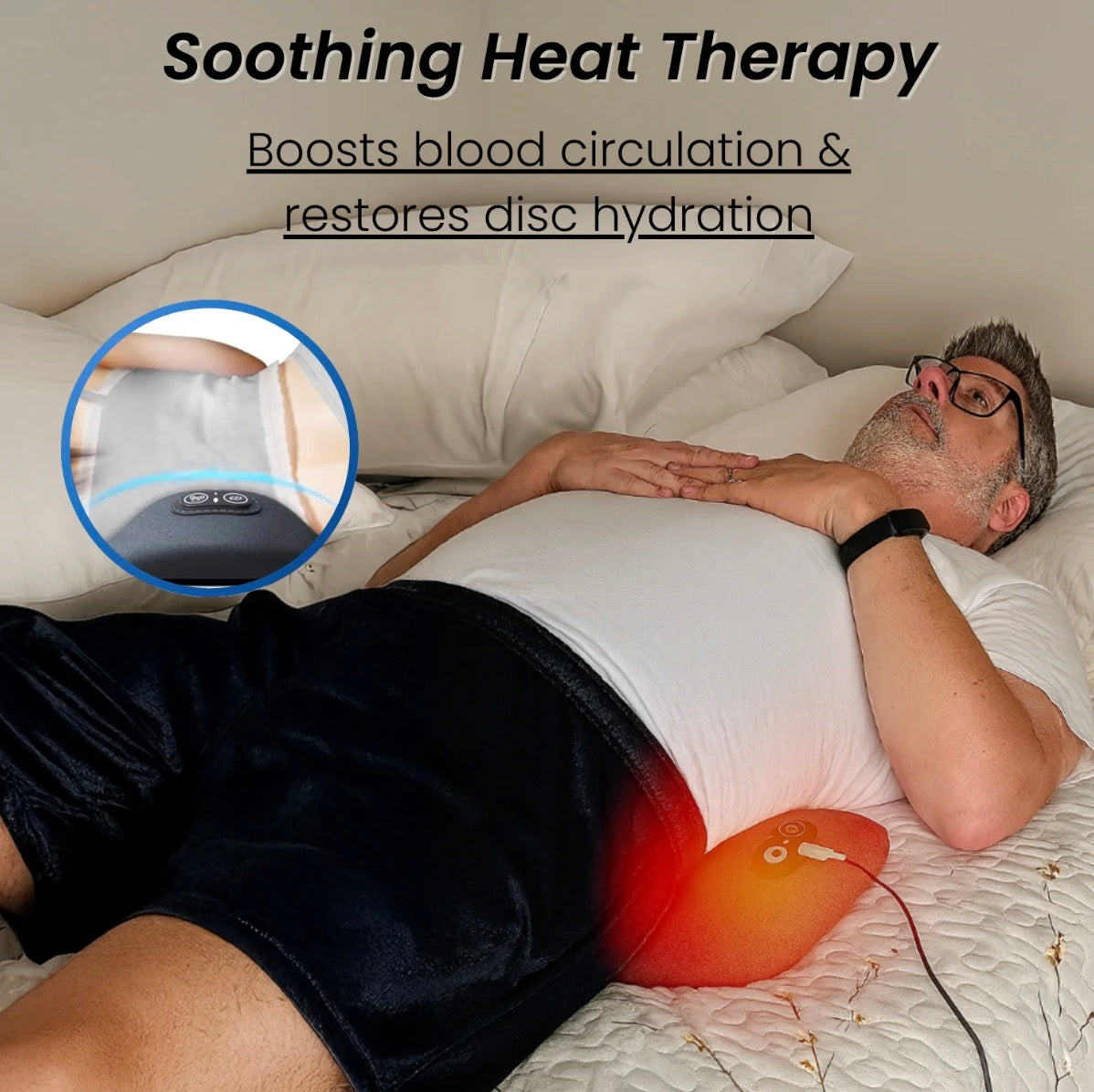 Man receiving soothing heat therapy on his leg with text about benefits.