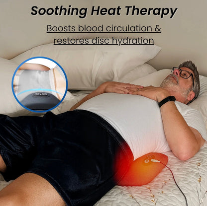 Man receiving soothing heat therapy on his leg with text about benefits.