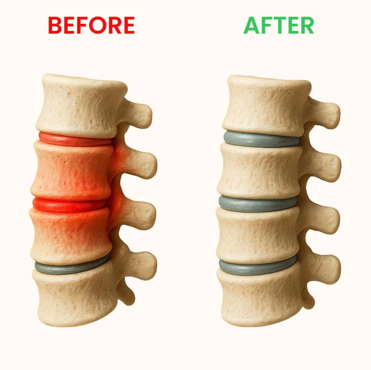 Model of a spine with a herniated disc labeled 'Before' and a corrected spine labeled 'After' on a white background.