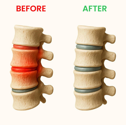 Model of a spine with a herniated disc labeled 'Before' and a corrected spine labeled 'After' on a white background.