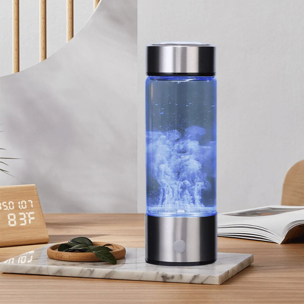 Hydrogen-infused water bottle on table, portable hydrogen water generator for home wellness and enhanced hydration