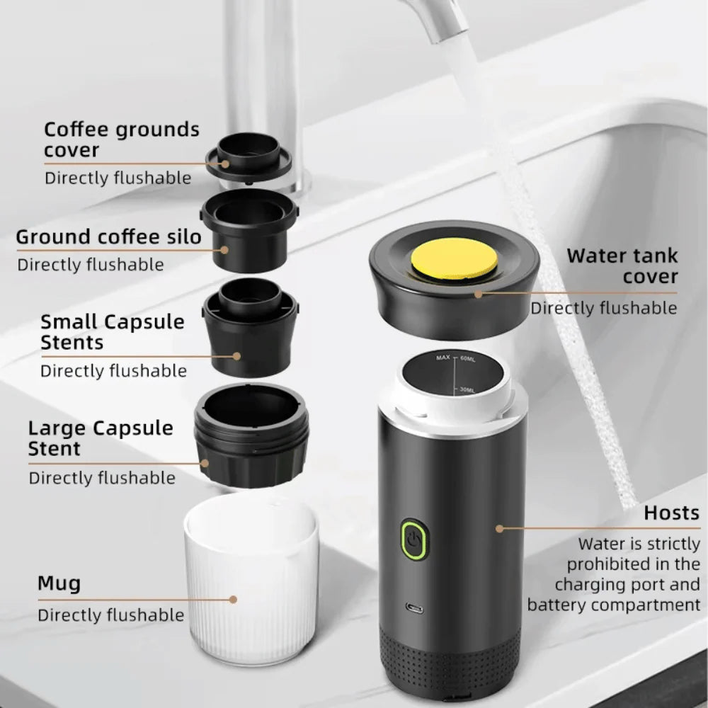 Portable espresso machine components with capsule and ground coffee holders, easy-clean modular design