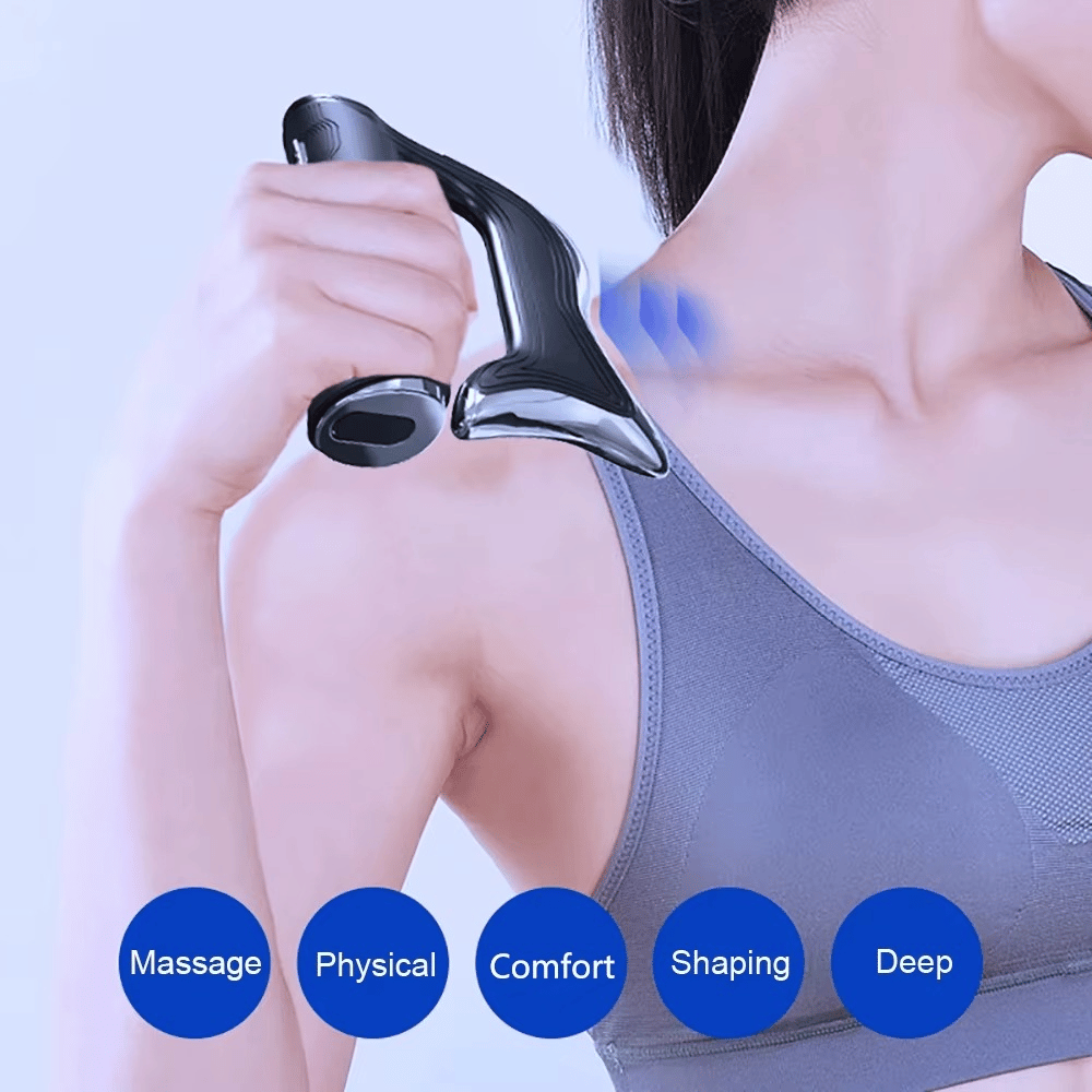 Person using a handheld massager with labeled benefits on a light blue background