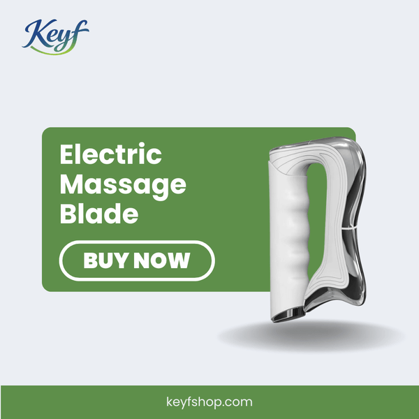 Electric massage blade with 'Keyf' branding and a 'Buy Now' button on a light green background.