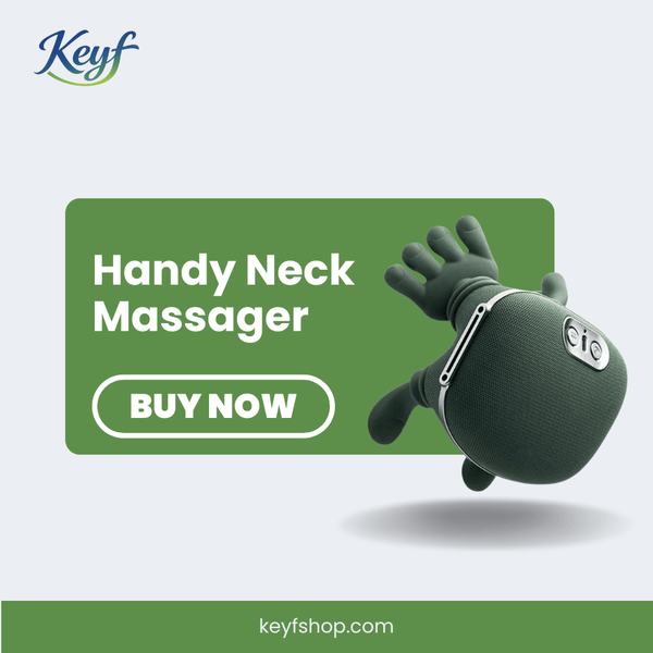 Handy neck massager with 'Keyf' branding and a 'Buy Now' button on a light gray background.