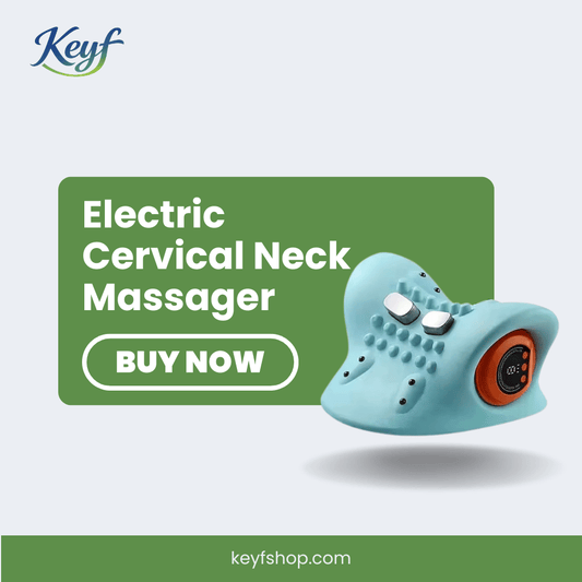 Electric cervical neck massager with 'Keyf' branding on a light gray background