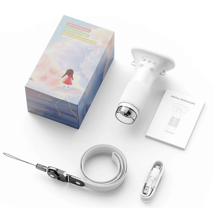 Digital microscope with accessories and packaging on a white background