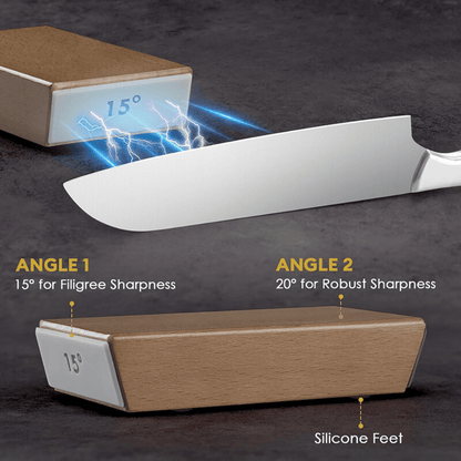 Sharpener with knife and angles labeled on a dark background