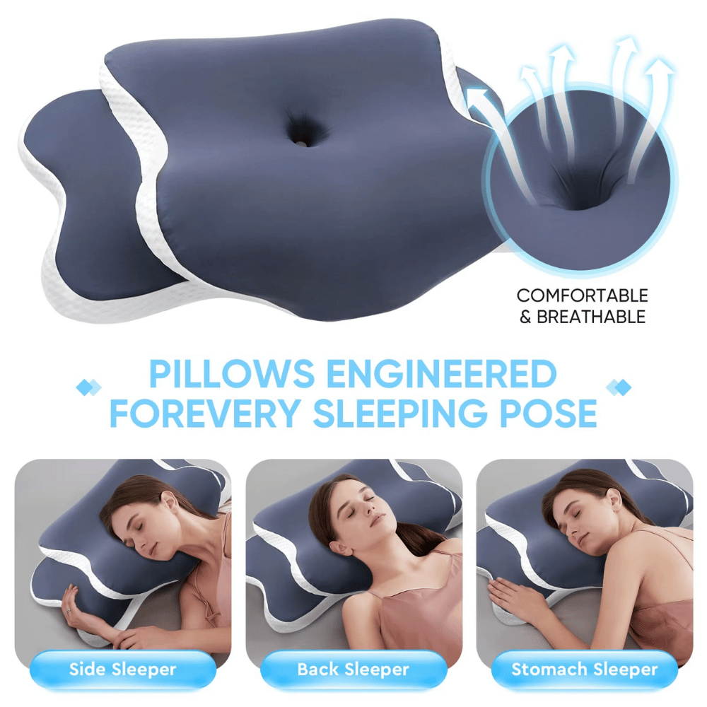 Ergonomic pillow with side, back, and stomach sleeper illustrations on a white background