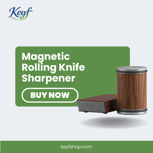 Magnetic rolling knife sharpener with wooden design on a white background, featuring the Keyf brand.