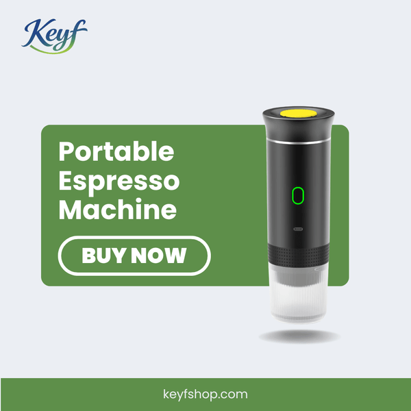 Portable espresso machine with Keyf branding on a light gray background