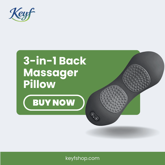 3-in-1 back massager pillow with promotional text on a light green background