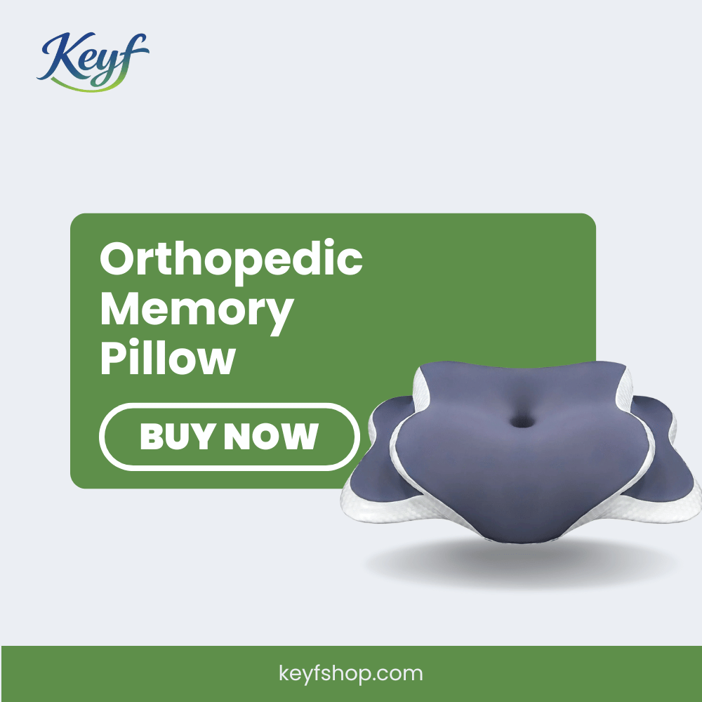Orthopedic memory pillow with promotional text and Keyf branding on a light gray background