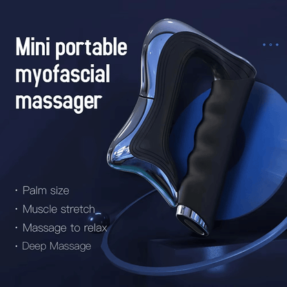 Mini portable myofascial massager on a dark background with text highlighting features.