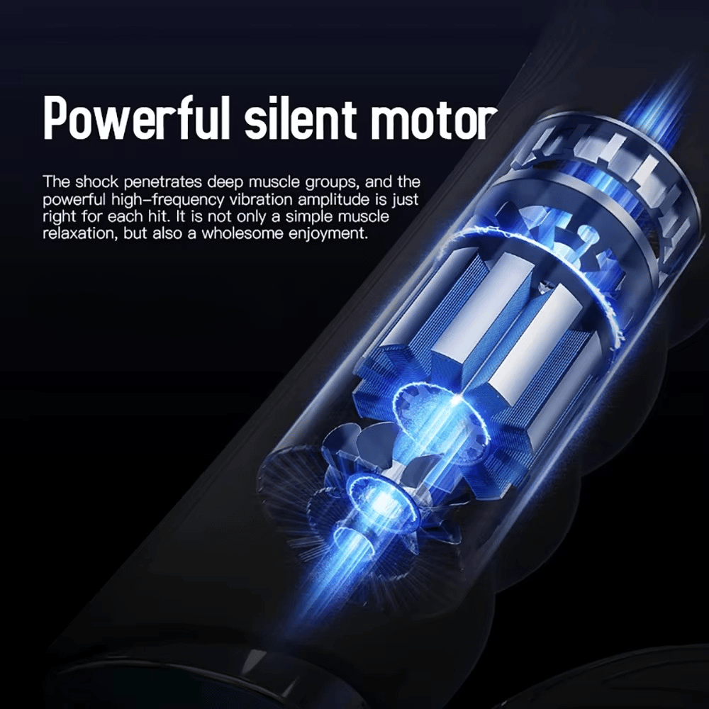 Transparent device with blue glowing elements and text about a powerful silent motor on a dark background