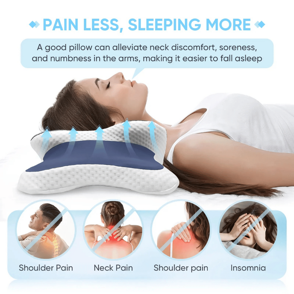 Woman lying on a neck pillow with text highlighting its benefits for pain relief and better sleep.