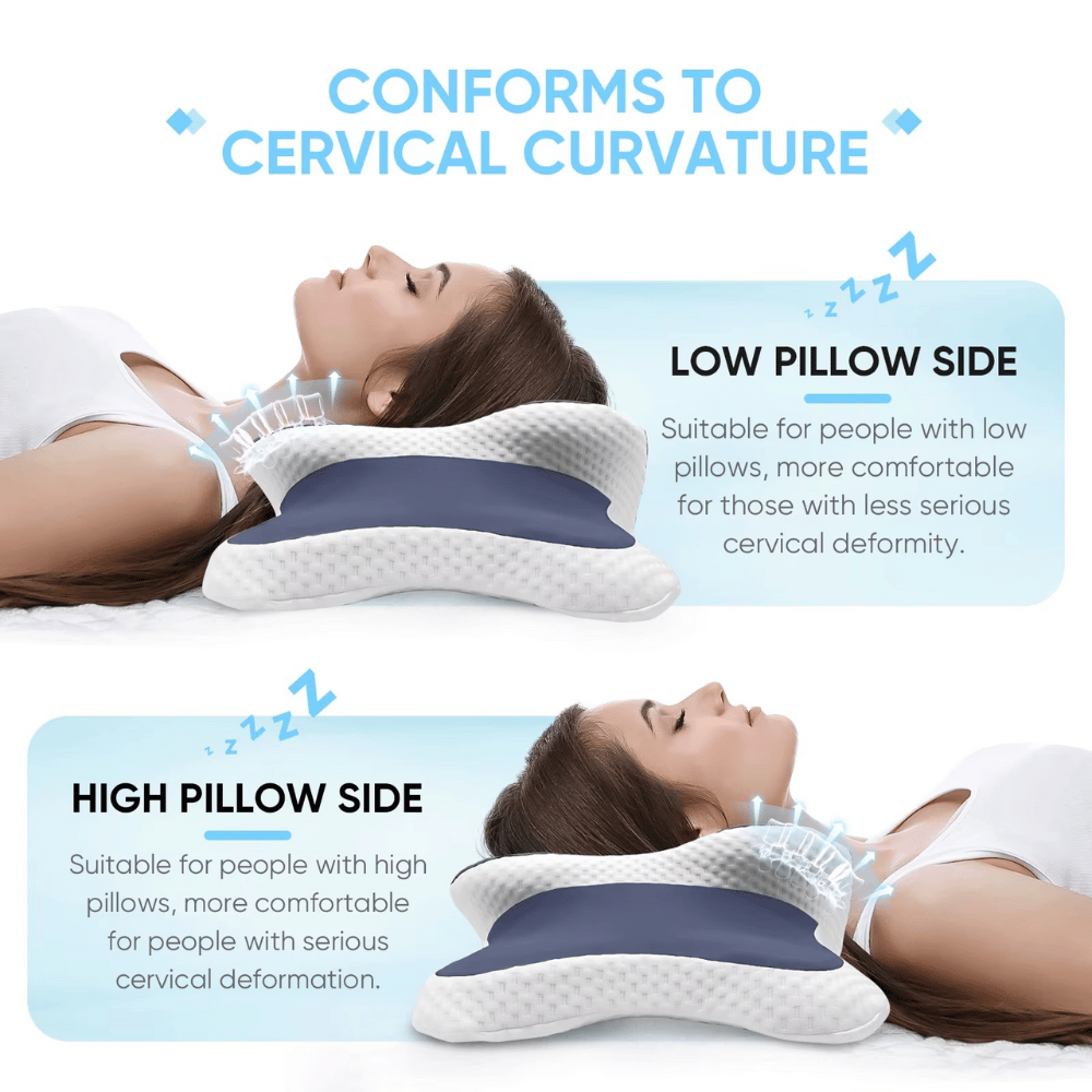 Two people using a cervical pillow with text explaining its use for different neck conditions.