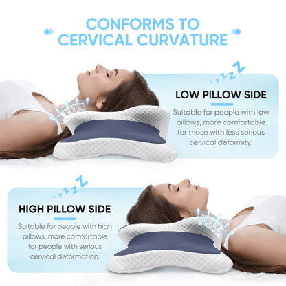 Two people using a cervical pillow with text explaining its use for different neck conditions.