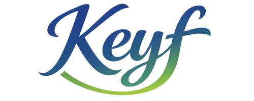 Logo of the brand 'Keyf' with a gradient from blue to green on a white background.