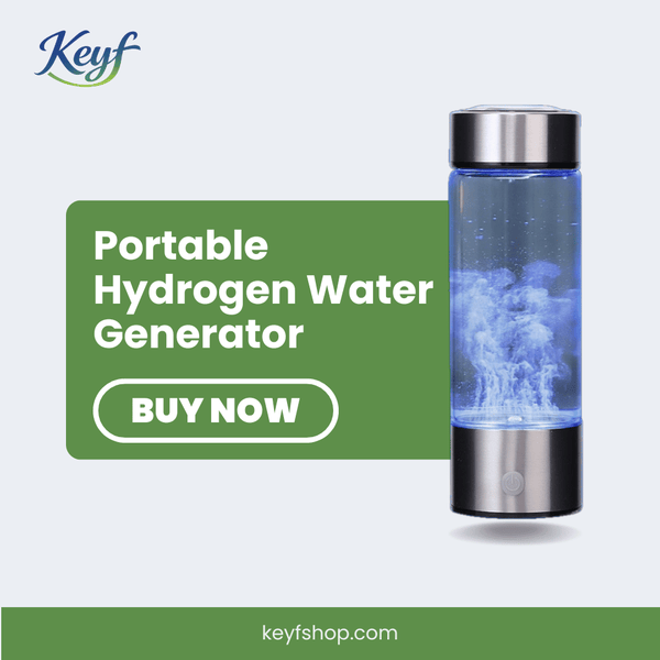 Portable hydrogen water generator with a glowing blue interior on a white background, featuring the brand 'Keyf'.