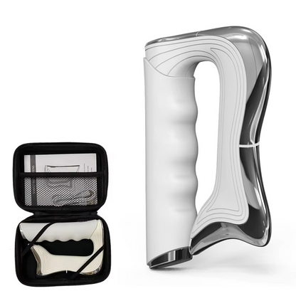 White and black handheld device with a carrying case on a white background