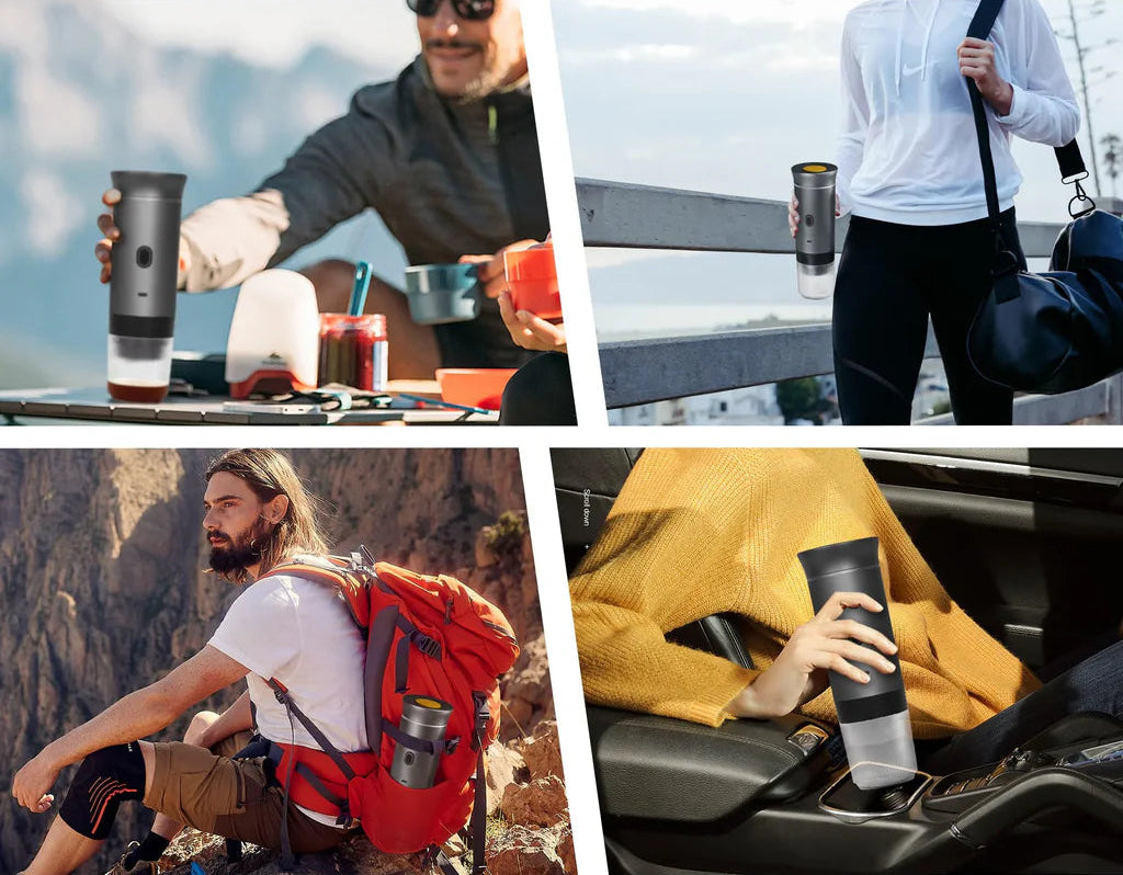 Collage of people using a portable espresso machine outdoors and in various settings.