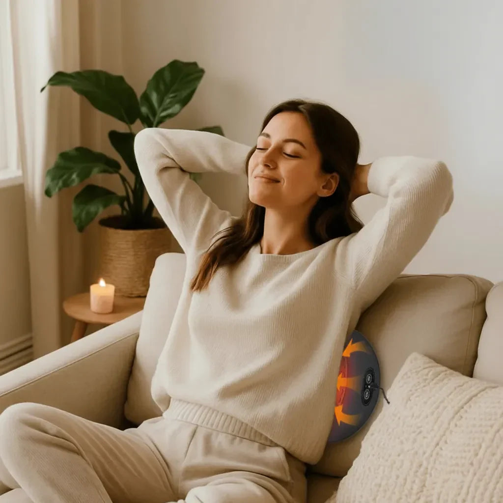 Woman relaxing on a couch with a cushion in a cozy living room.